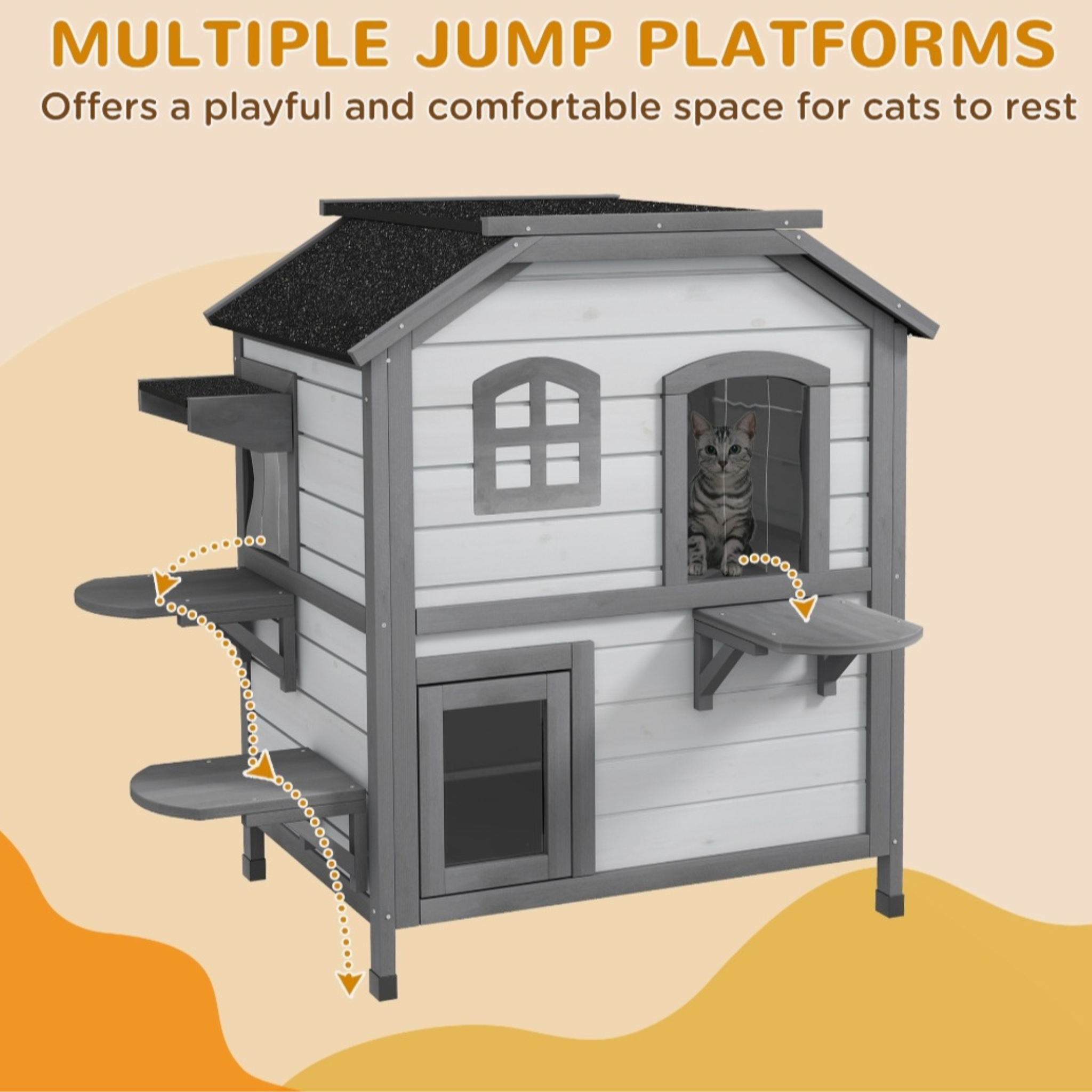 Wooden 2-Story Cat House with Balcony for Indoor & Outdoor Use
