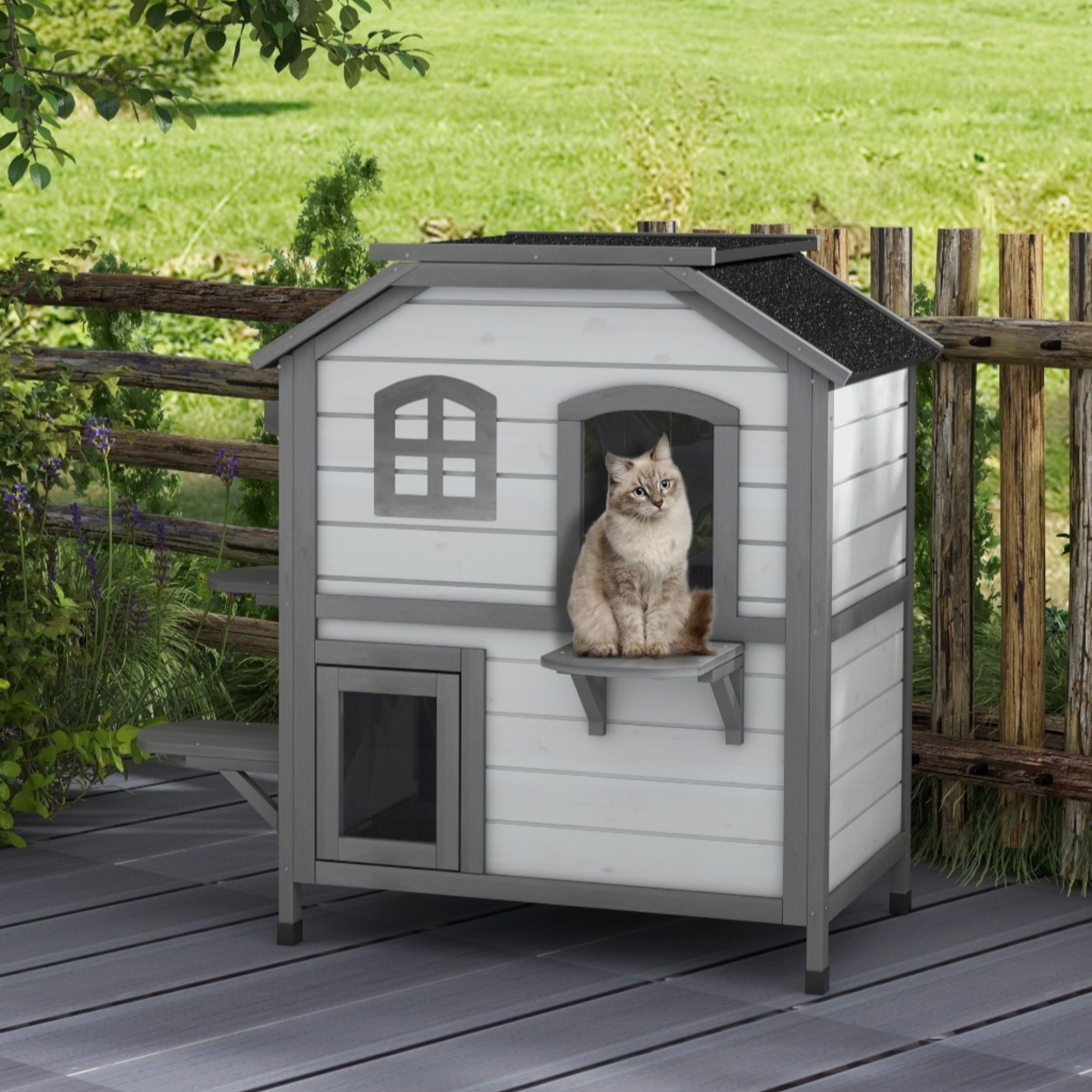 Wooden 2-Story Cat House with Balcony for Indoor & Outdoor Use