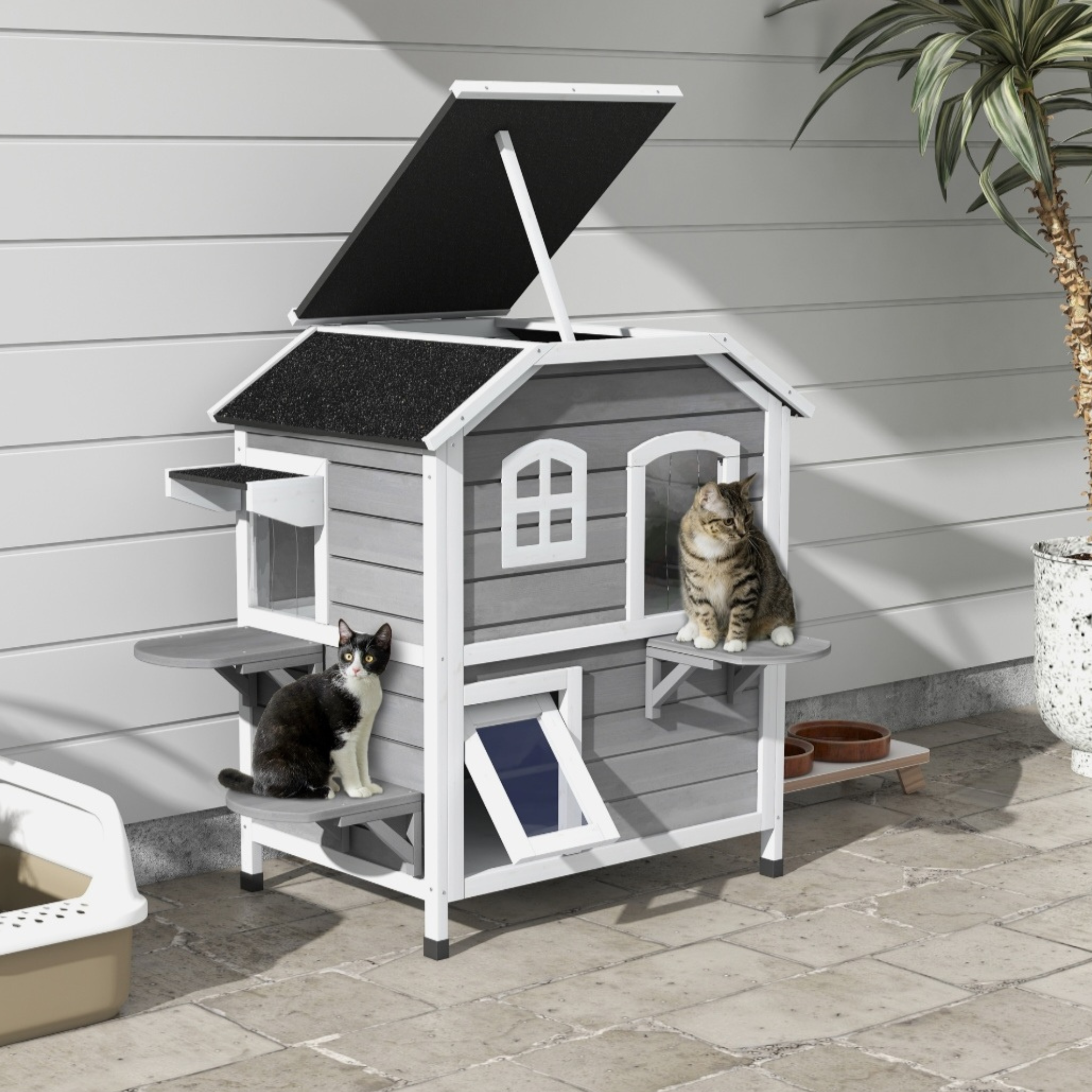 Wooden 2-Story Cat House with Balcony for Indoor & Outdoor Use