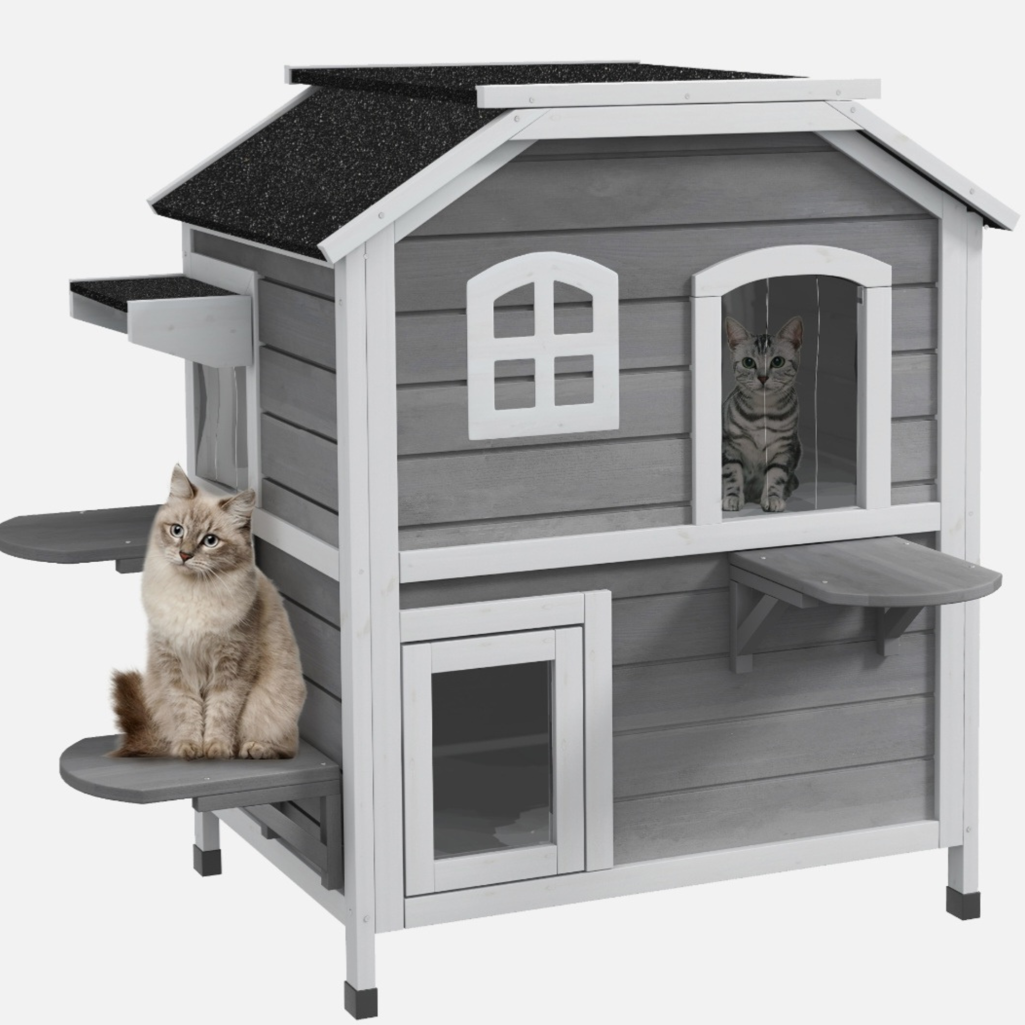 Wooden 2-Story Cat House with Balcony for Indoor & Outdoor Use