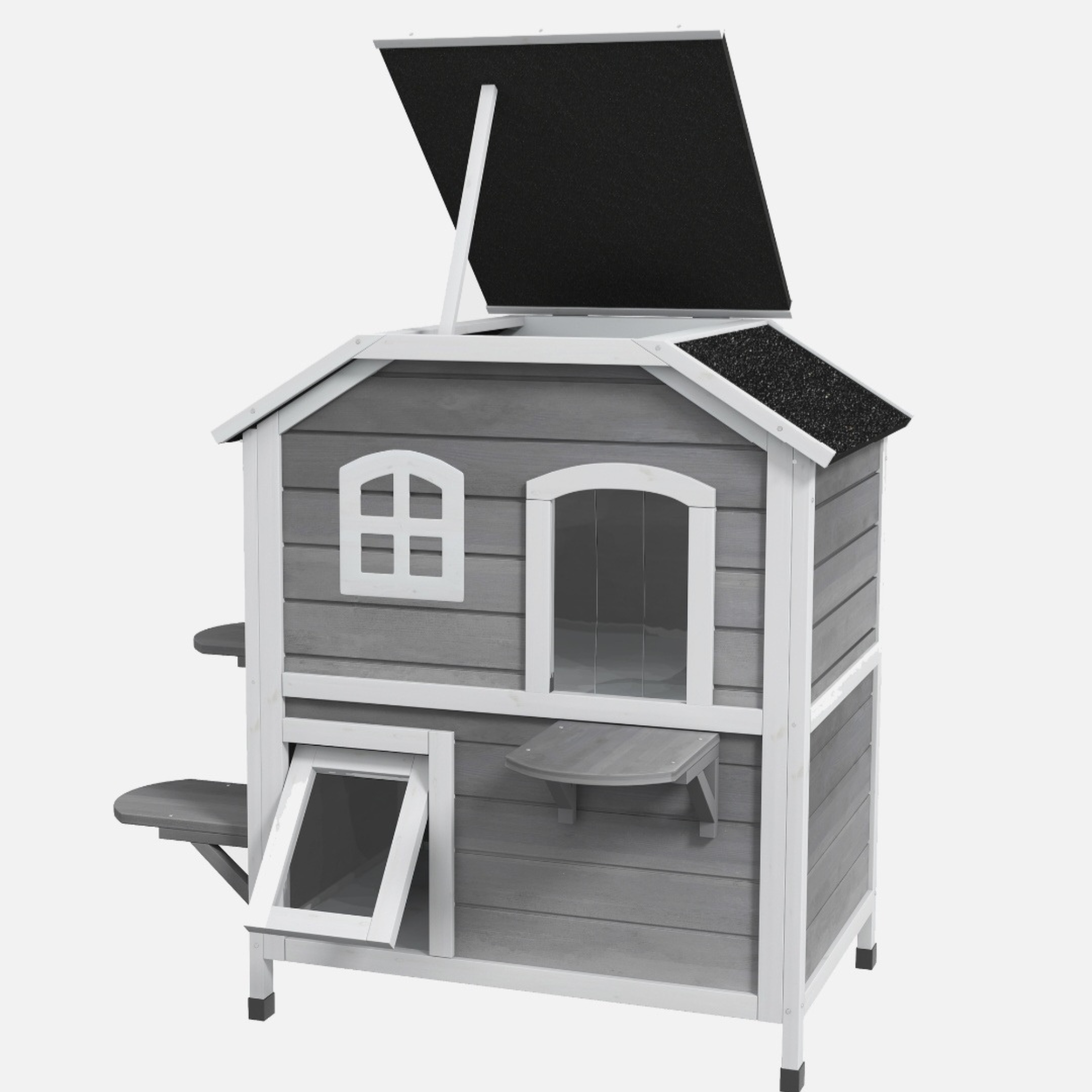 Wooden 2-Story Cat House with Balcony for Indoor & Outdoor Use