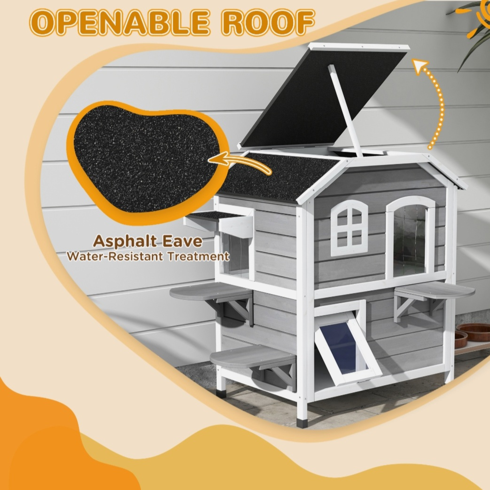 Wooden 2-Story Cat House with Balcony for Indoor & Outdoor Use