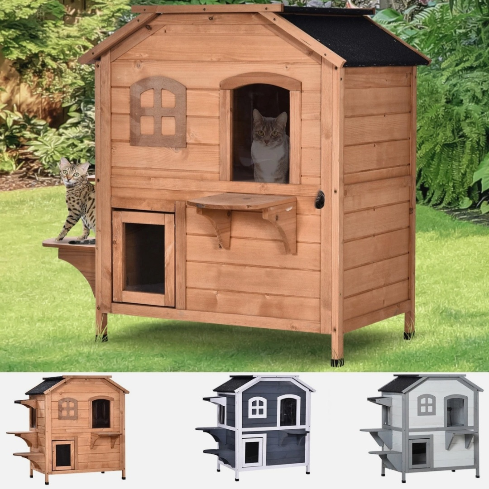 Wooden 2-Story Cat House with Balcony for Indoor & Outdoor Use