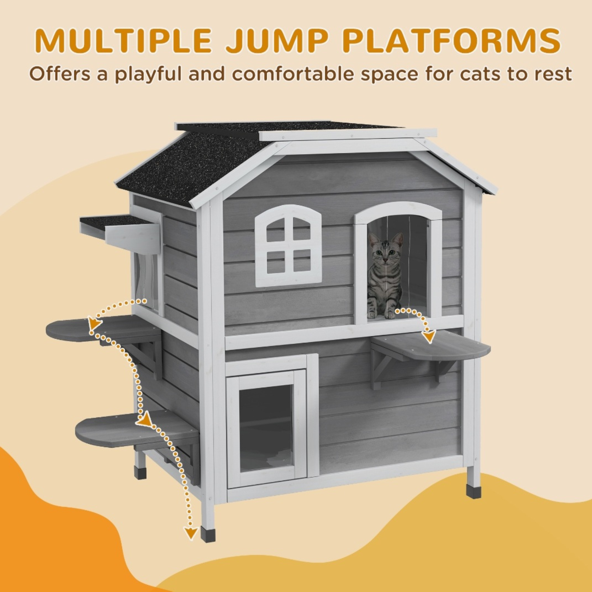 Wooden 2-Story Cat House with Balcony for Indoor & Outdoor Use