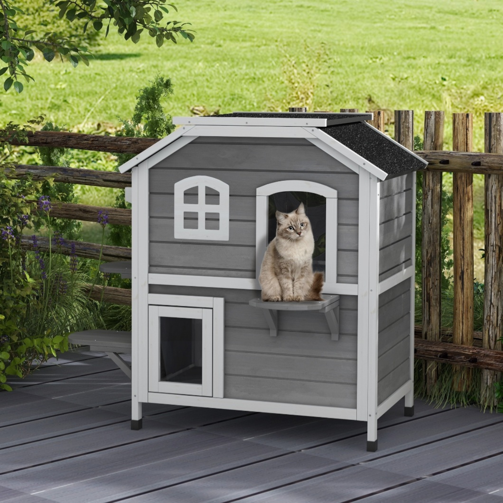 Wooden 2-Story Cat House with Balcony for Indoor & Outdoor Use