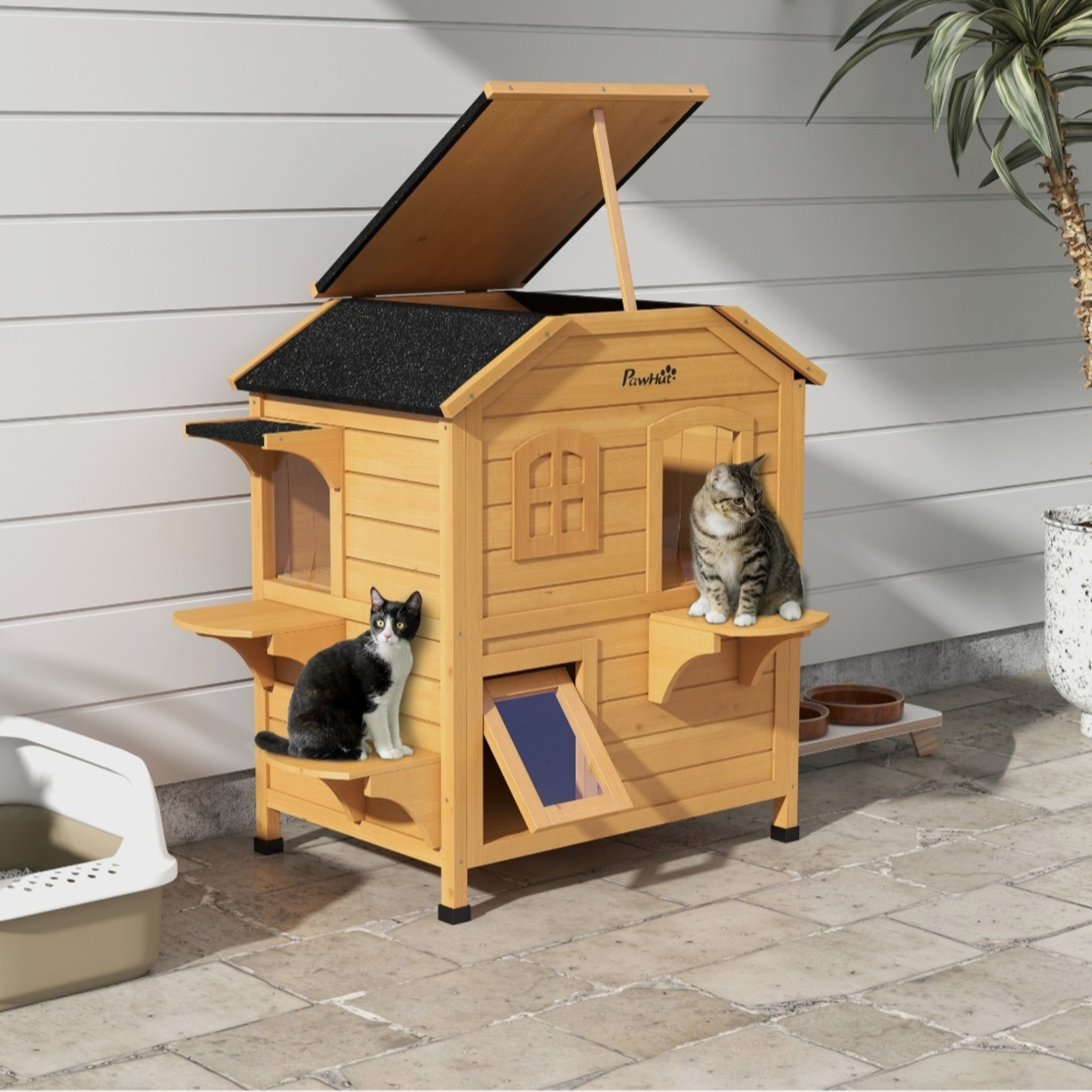 Wooden 2-Story Cat House with Balcony for Indoor & Outdoor Use