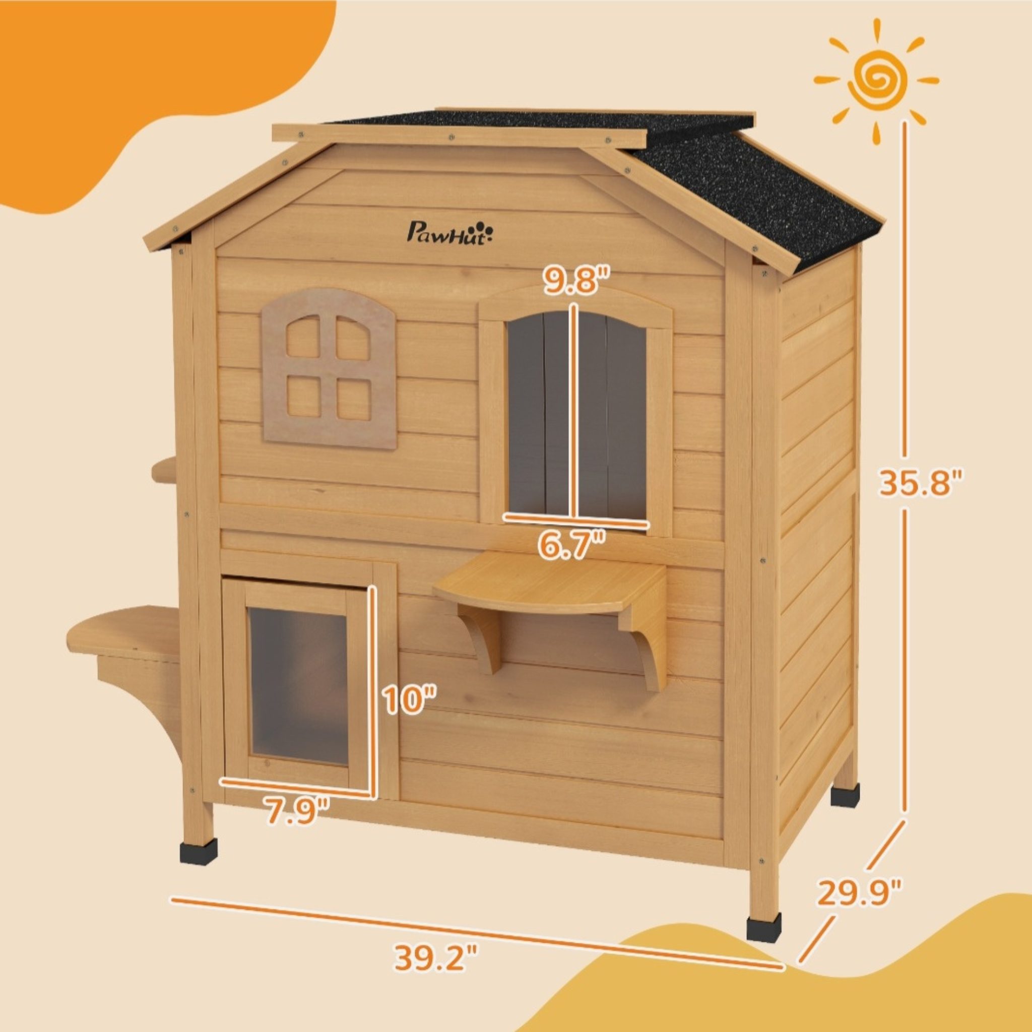Wooden 2-Story Cat House with Balcony for Indoor & Outdoor Use