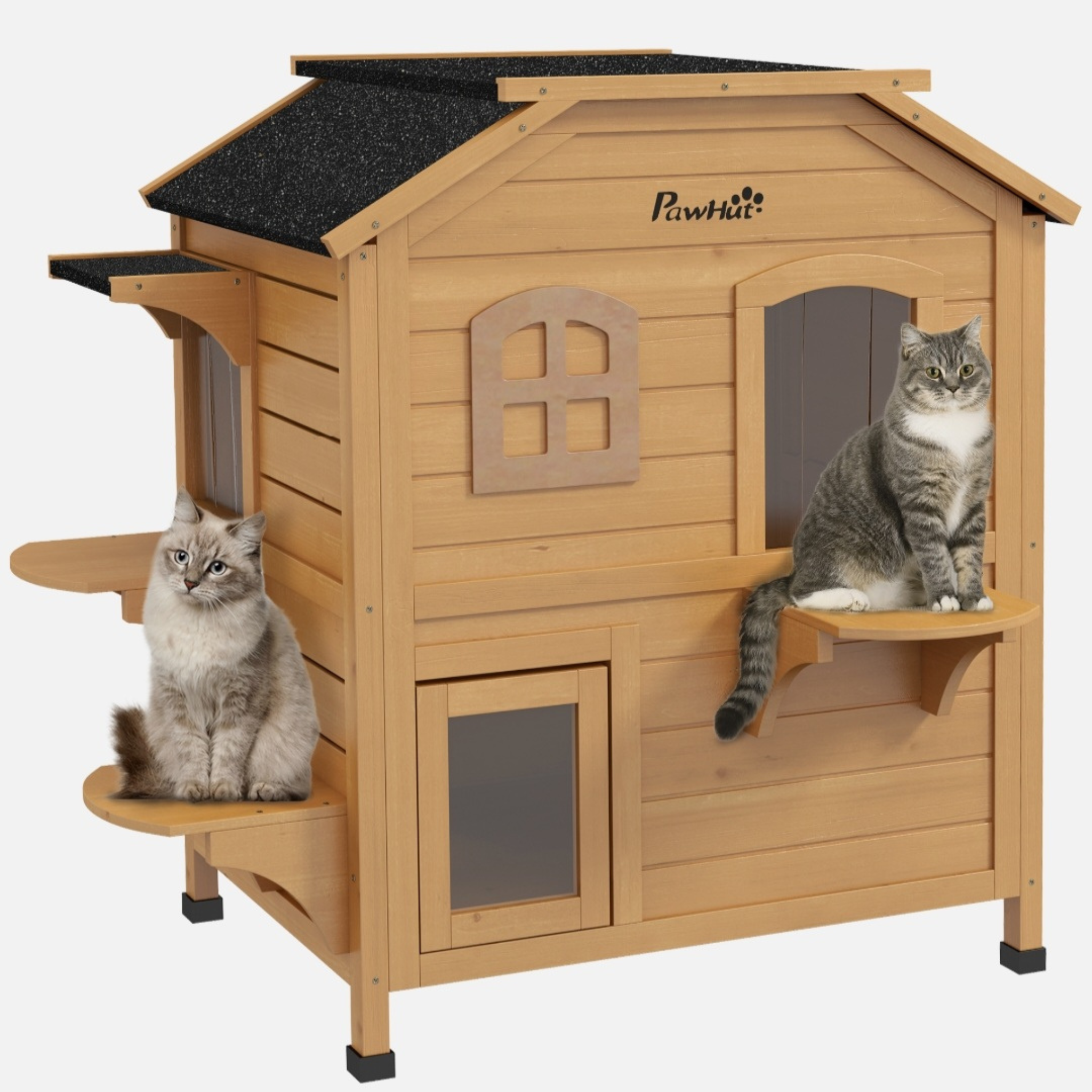 Wooden 2-Story Cat House with Balcony for Indoor & Outdoor Use