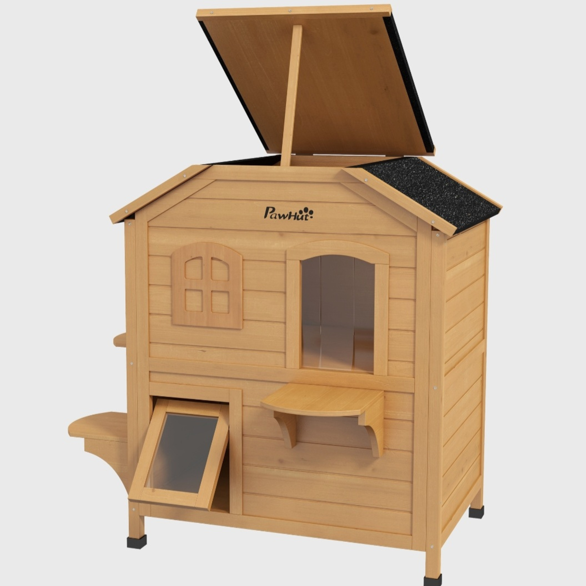 Wooden 2-Story Cat House with Balcony for Indoor & Outdoor Use