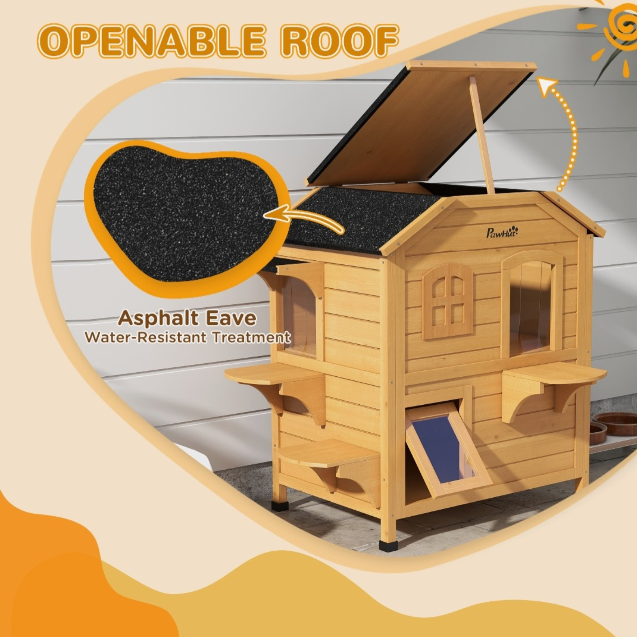 Wooden 2-Story Cat House with Balcony for Indoor & Outdoor Use