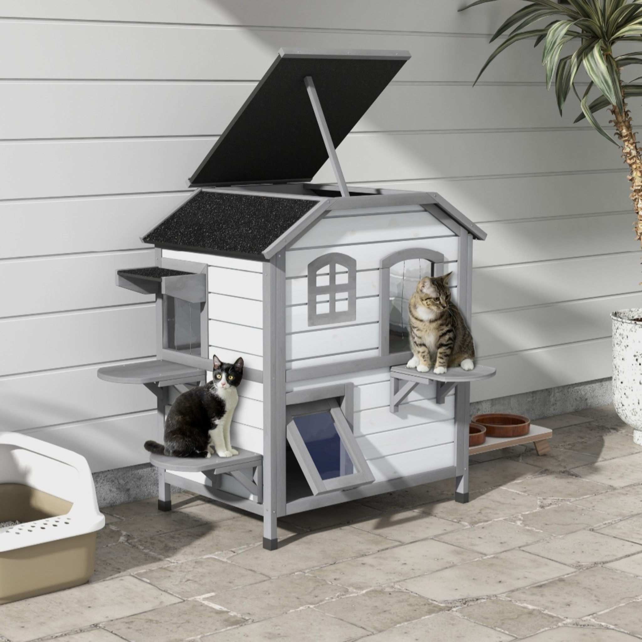 Wooden 2-Story Cat House with Balcony for Indoor & Outdoor Use
