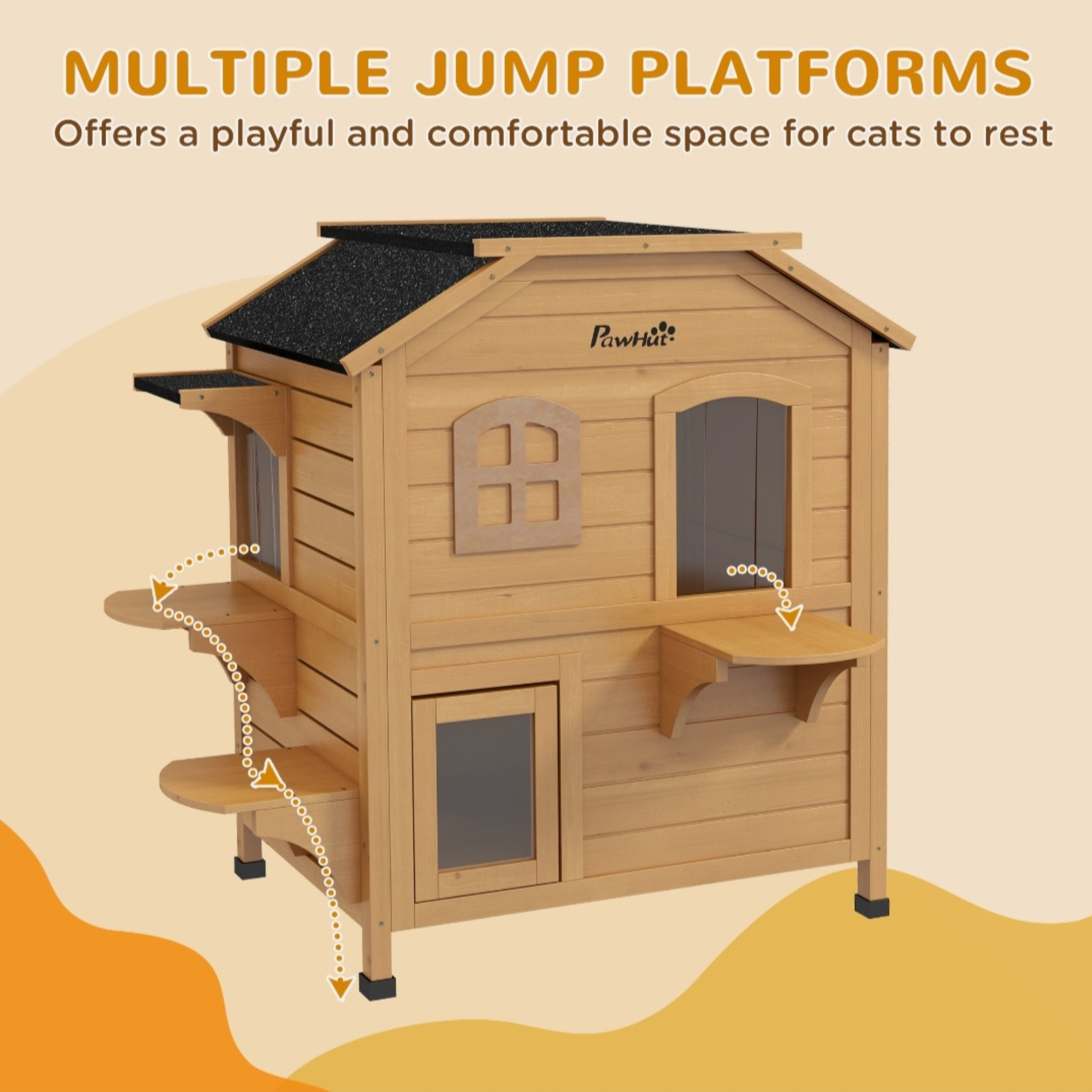 Wooden 2-Story Cat House with Balcony for Indoor & Outdoor Use