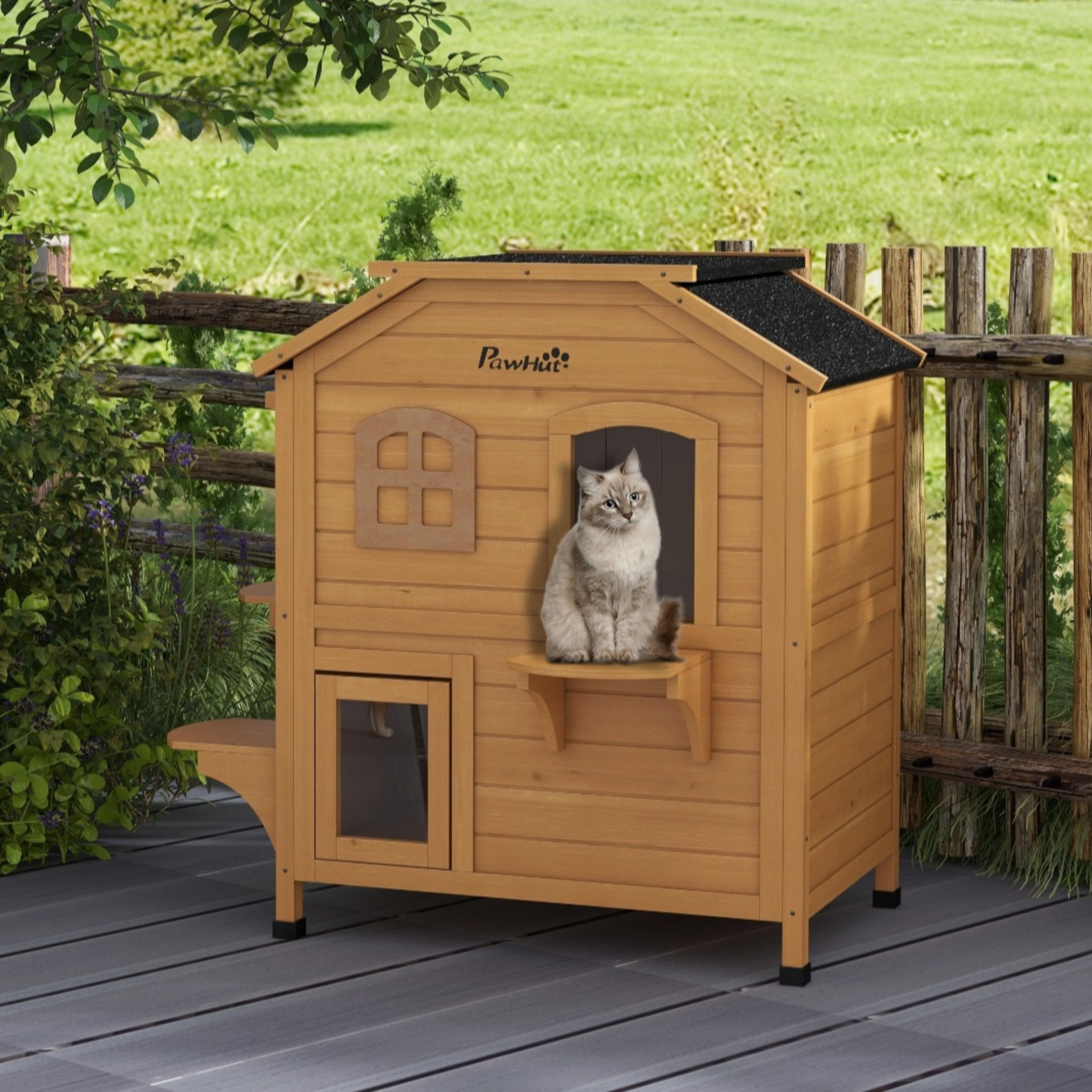 Wooden 2-Story Cat House with Balcony for Indoor & Outdoor Use