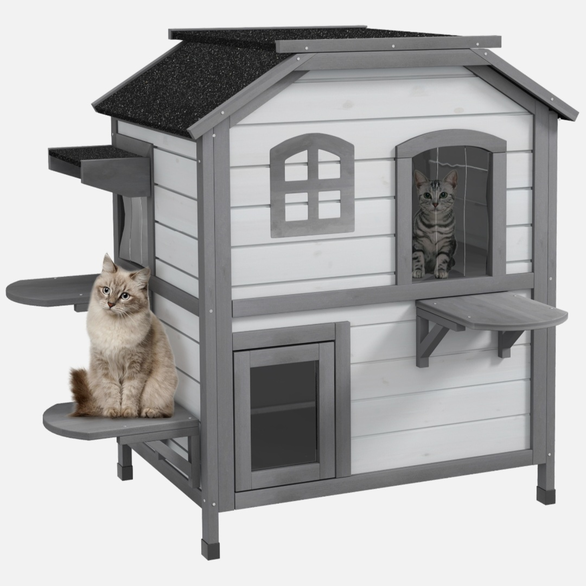 Wooden 2-Story Cat House with Balcony for Indoor & Outdoor Use