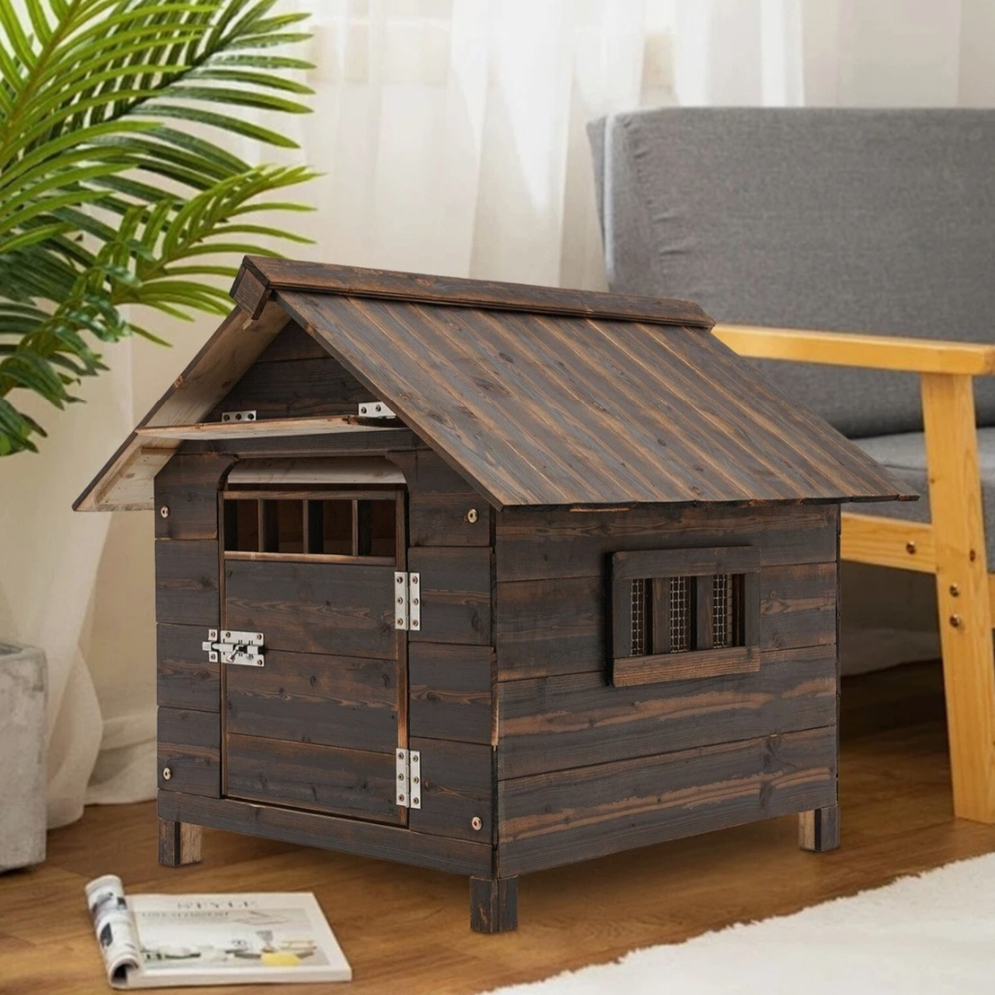 Wooden Indoor & Outdoor Dog House with Window & Door – Cozy Pet Shelter for Small Dogs