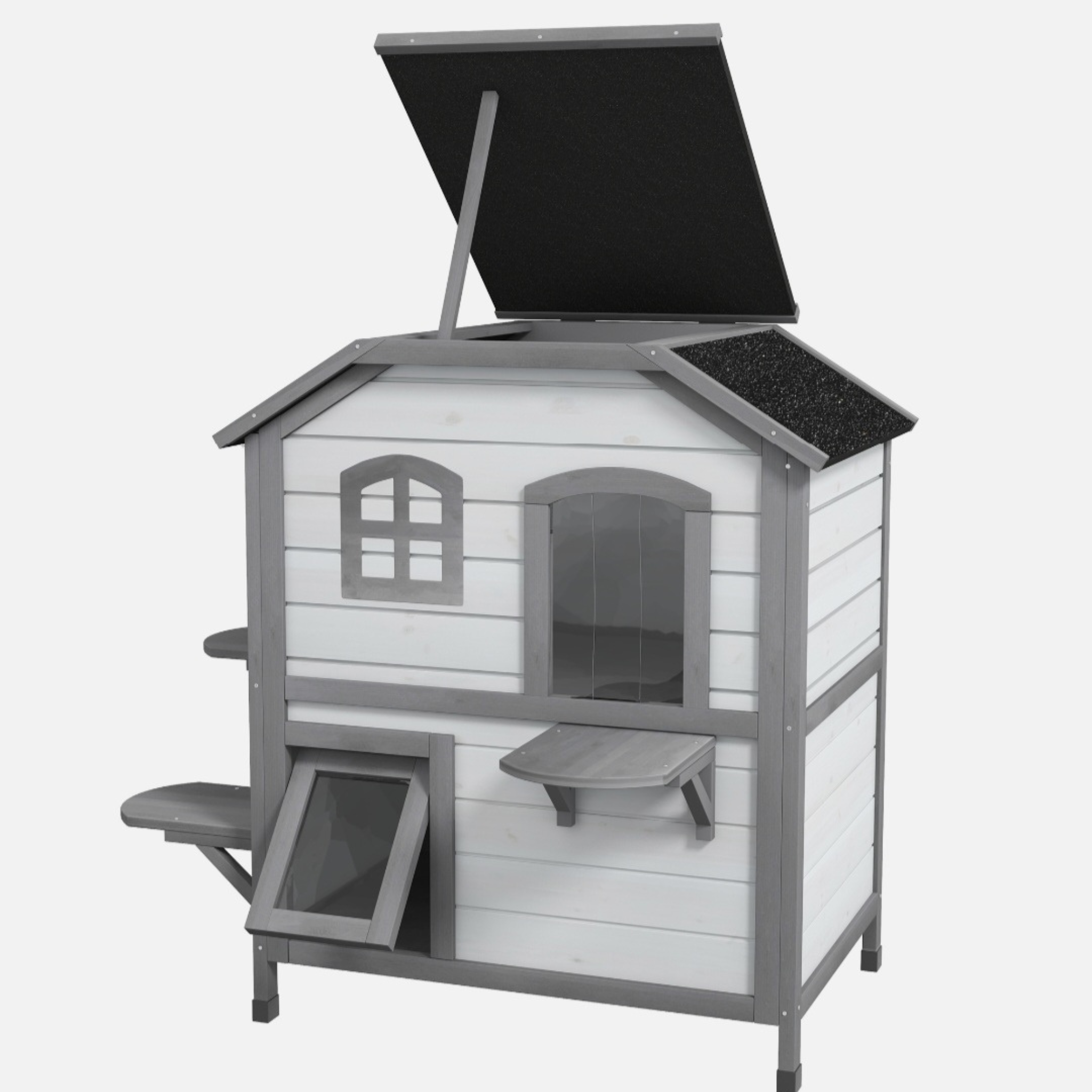 Wooden 2-Story Cat House with Balcony for Indoor & Outdoor Use
