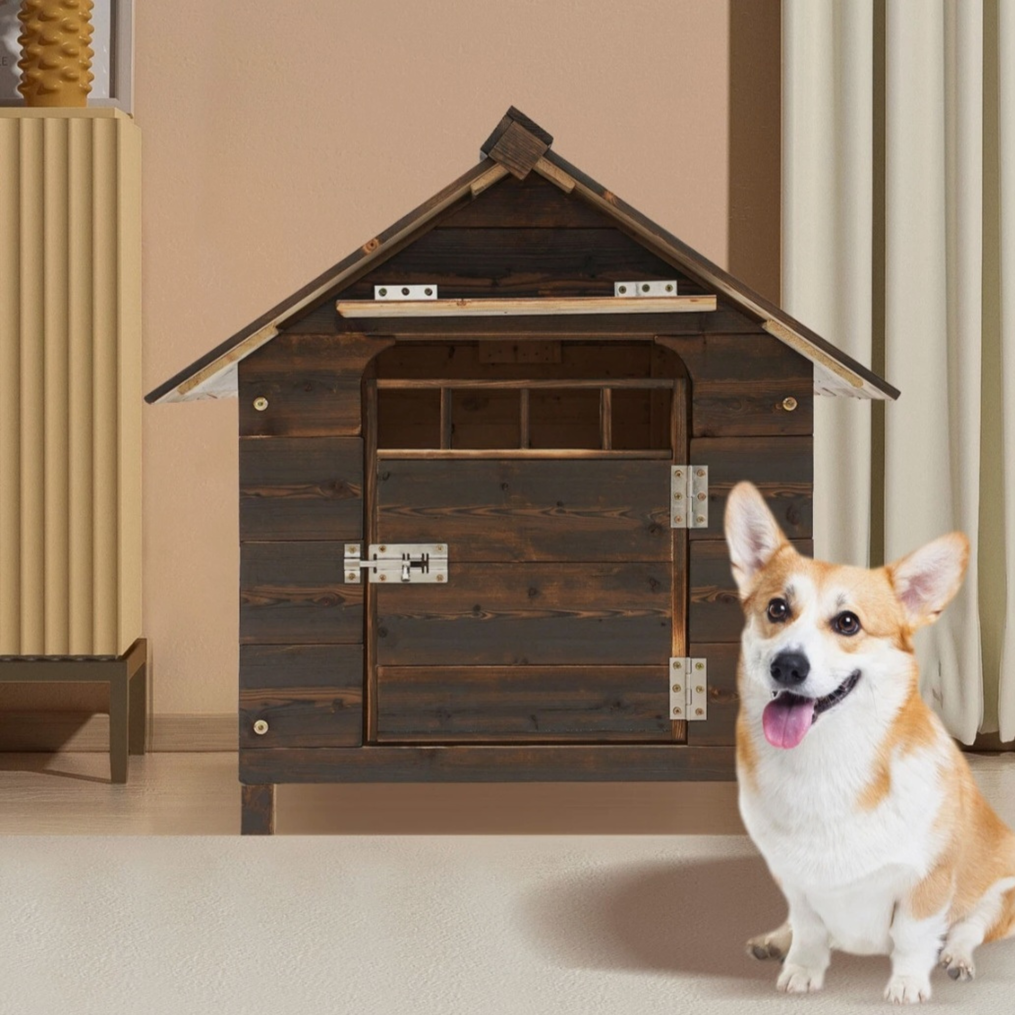 Wooden Indoor & Outdoor Dog House with Window & Door – Cozy Pet Shelter for Small Dogs