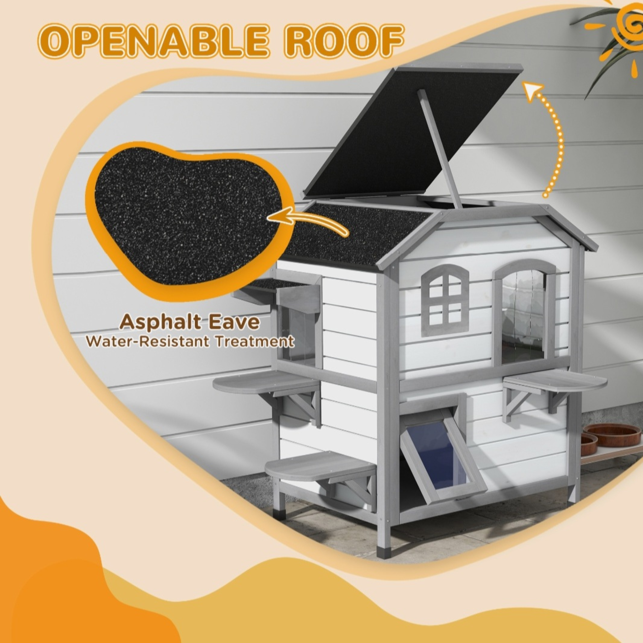 Wooden 2-Story Cat House with Balcony for Indoor & Outdoor Use