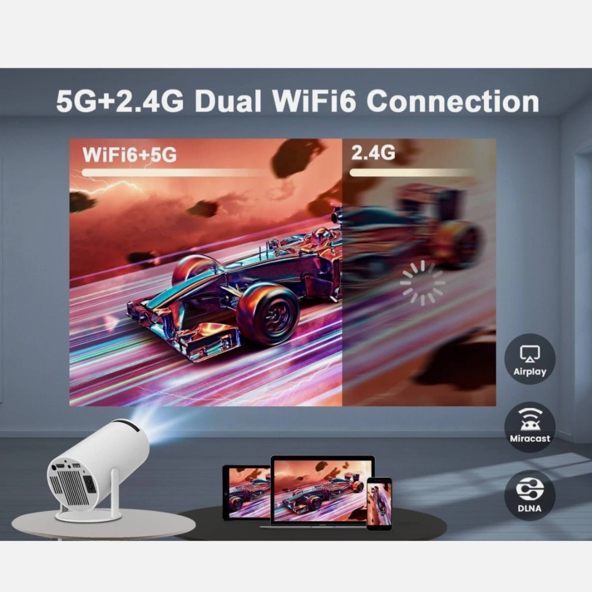 Smart Portable Projector with WiFi & Bluetooth for Movies, Gaming & Home Entertainment
