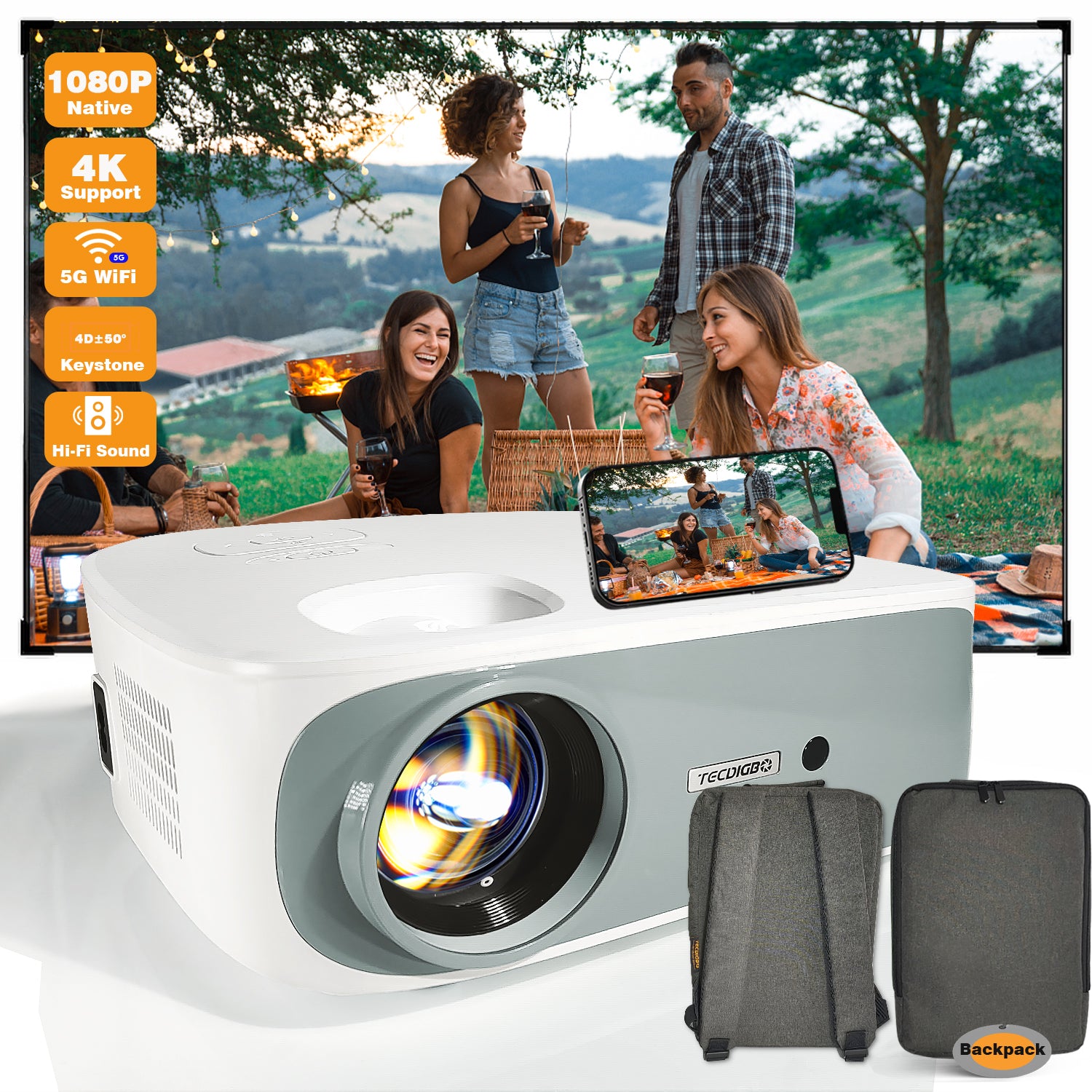 4K Smart Portable Projector with Bluetooth & WiFi – Full HD Home & Outdoor Entertainment